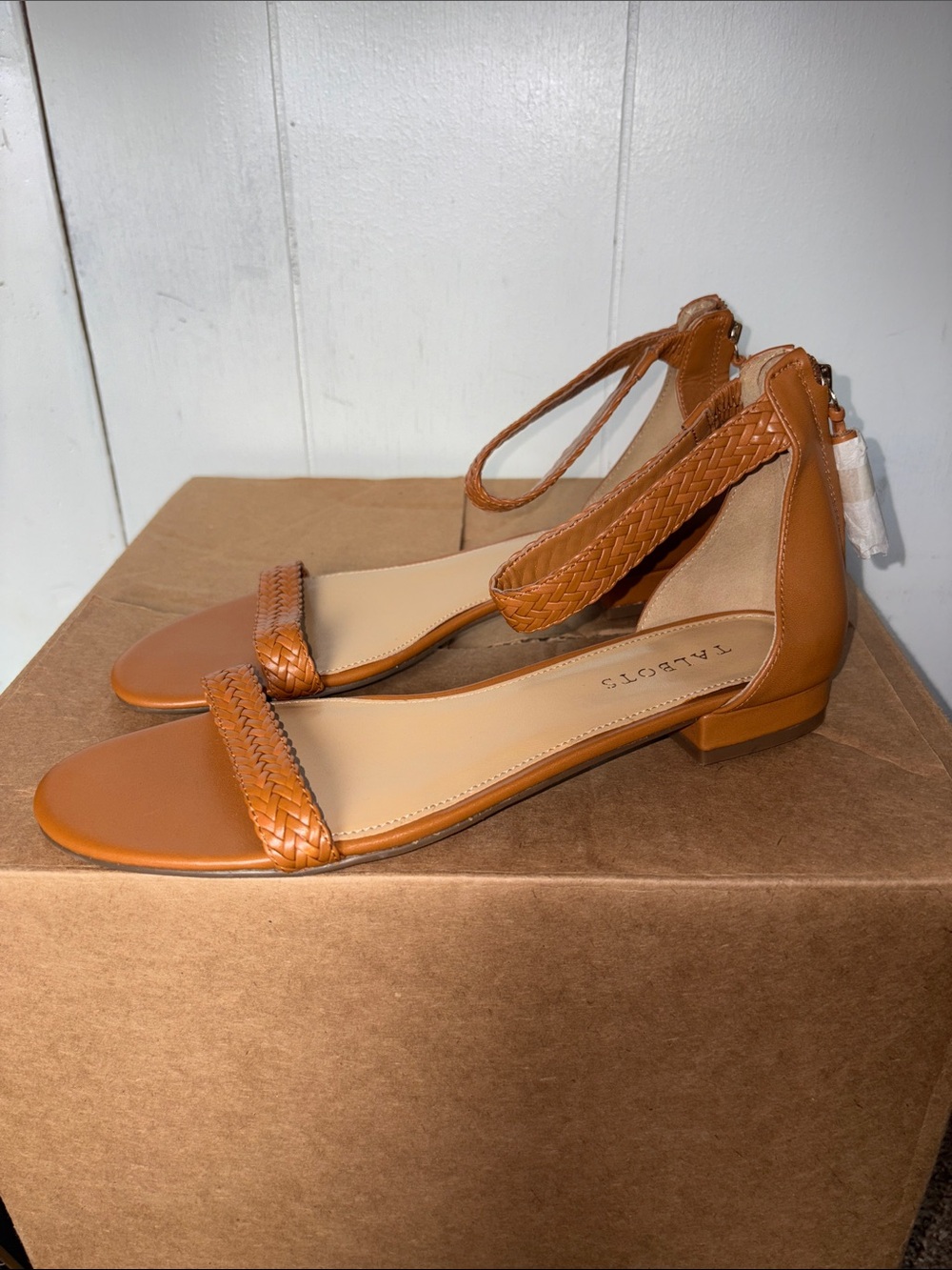 Talbots Cognac Braided Ankle-Strap Flat Sandals size 8.5